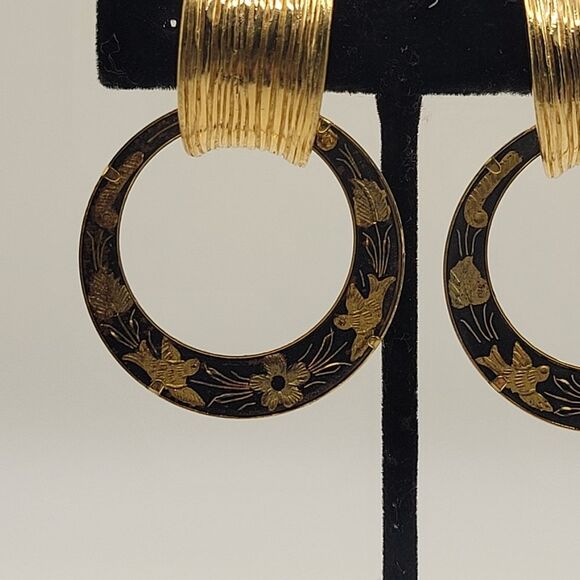 Vintage Givenchy Spanish Damascene Bird Flower Dangle Clip on earrings - Picture 7 of 16